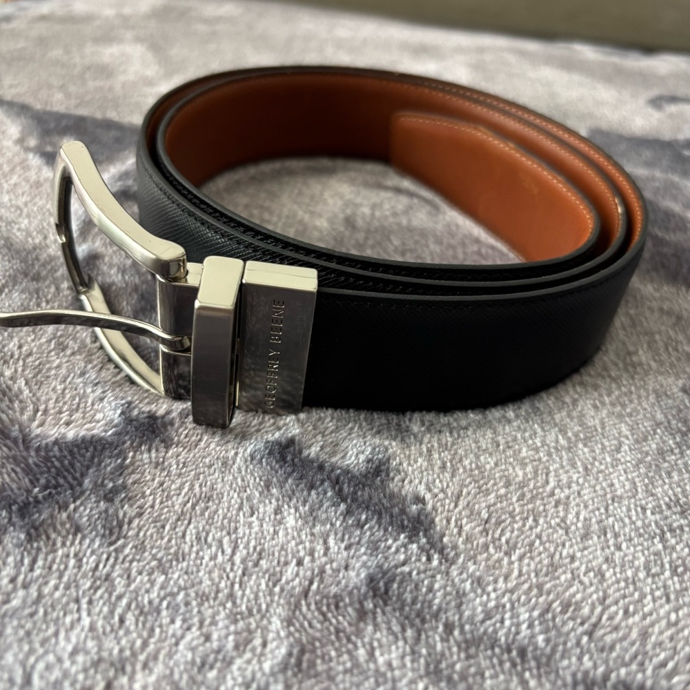 Geoffrey Beene Black Genuine Leather Belt Men's 36 Silver Tone Buckle